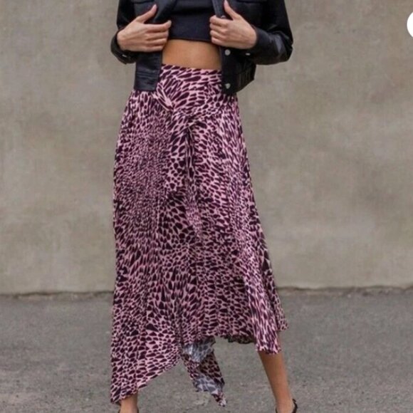 Topshop Pink Animal Print Pleated Midi Skirt Asymmetrical Hem Size 4 - Picture 1 of 12
